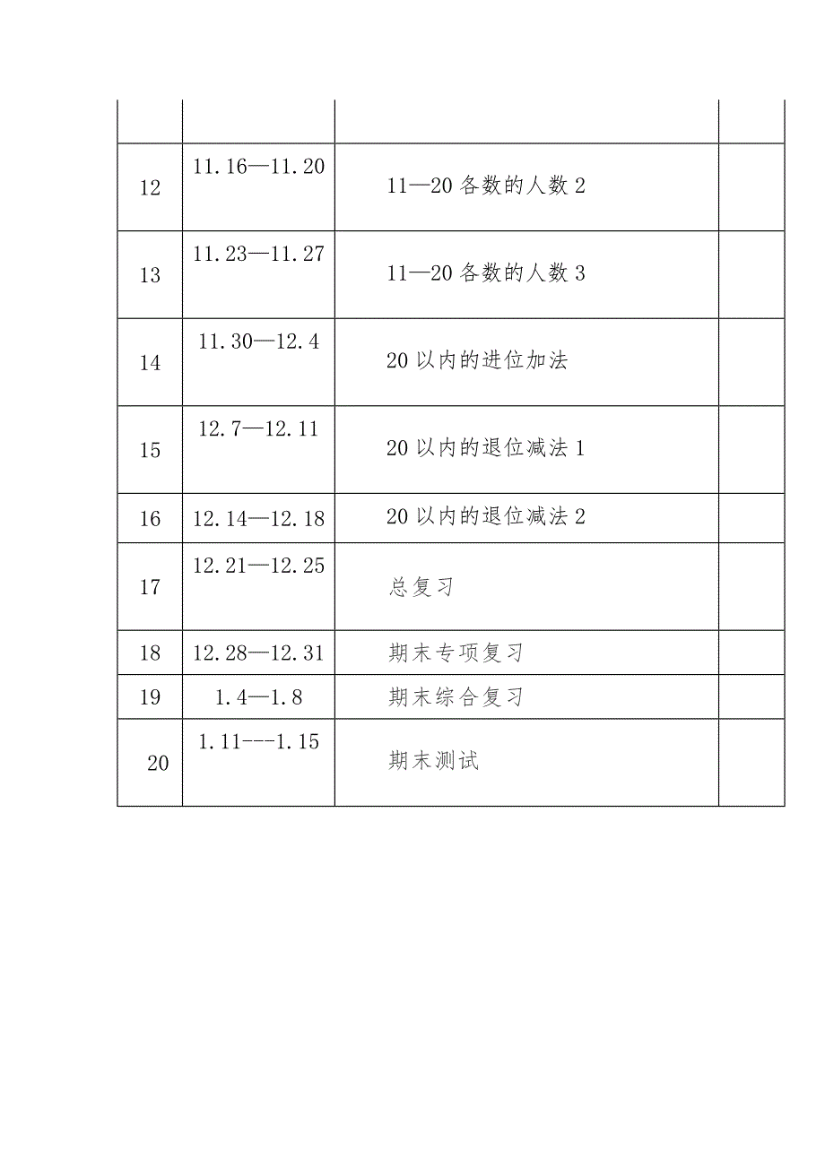 2020-2021年度秋新版部编版小学数学一年级上册教学计划进度表完整配套.docx_第3页