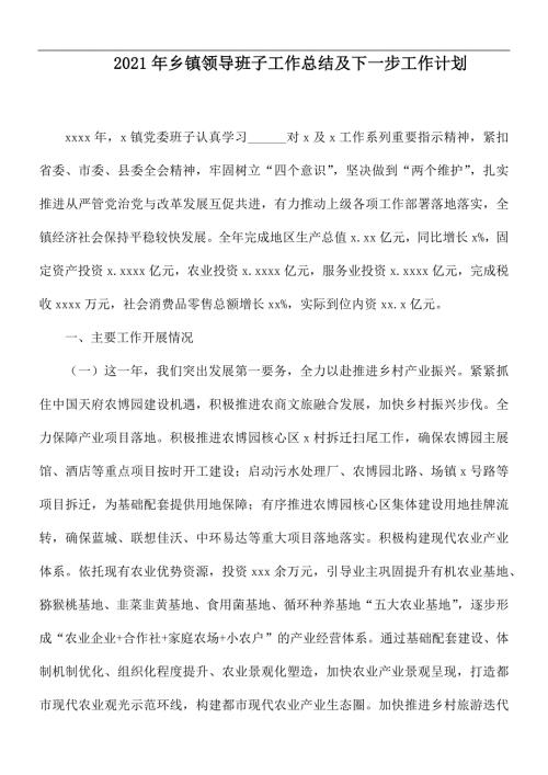 2021年乡镇领导班子工作总结及下一步工作计划.docx