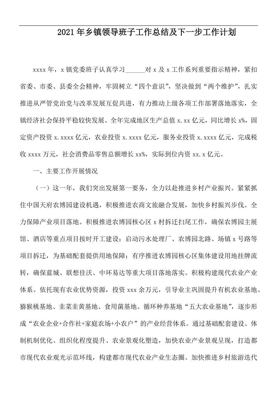 2021年乡镇领导班子工作总结及下一步工作计划.docx_第1页