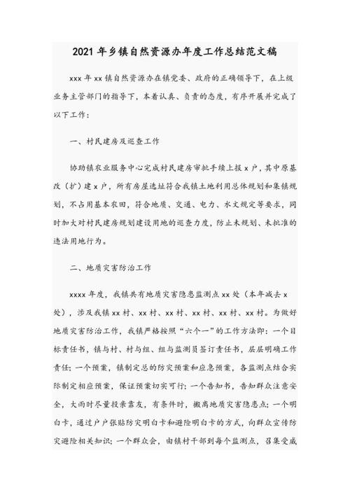 2021年乡镇自然资源办年度工作总结范文稿.docx
