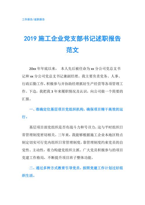 2019施工企业党支部书记述职报告范文.doc