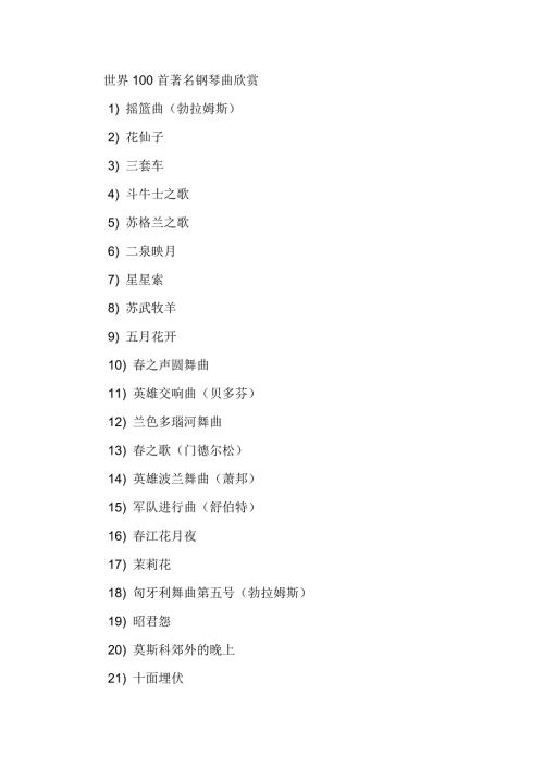 100首世界上最经典钢琴曲欣赏.doc