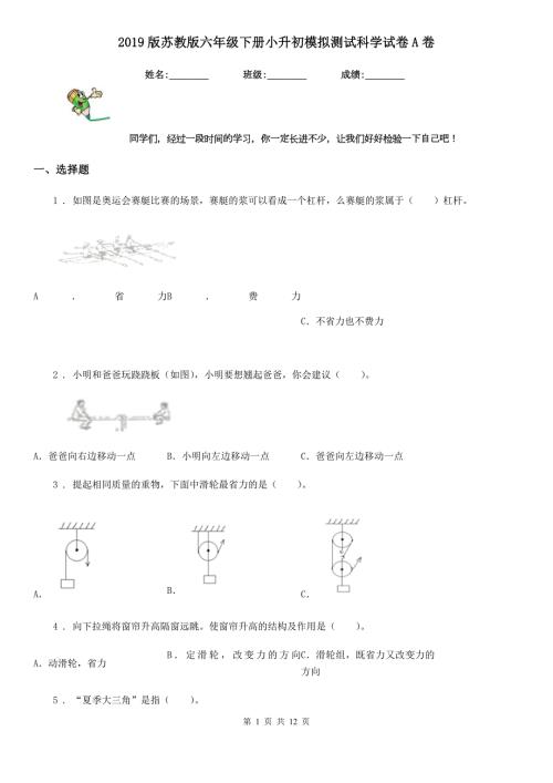 2019版苏教版六年级下册小升初模拟测试科学试卷A卷.doc