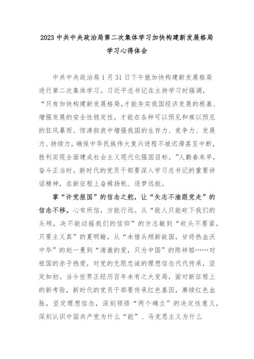 2023中共中央政治局第二次集体学习加快构建新发展格局学习心得体会2篇.docx