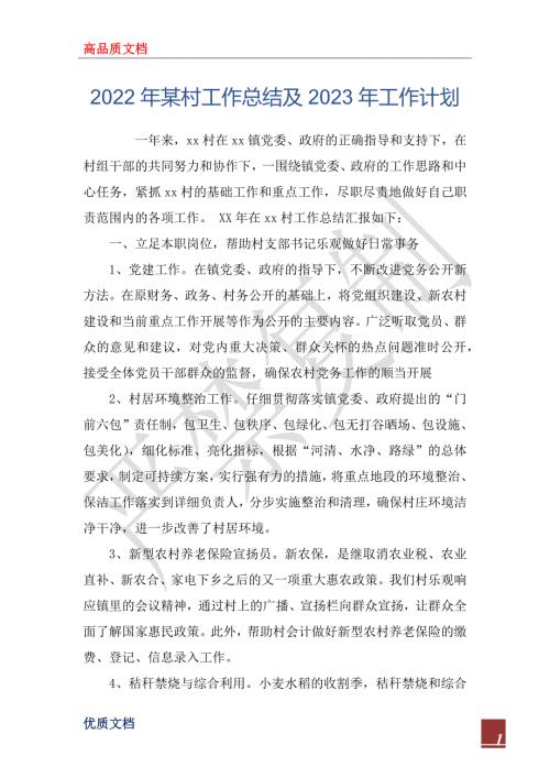 2022年某村工作总结及2023年工作计划.docx