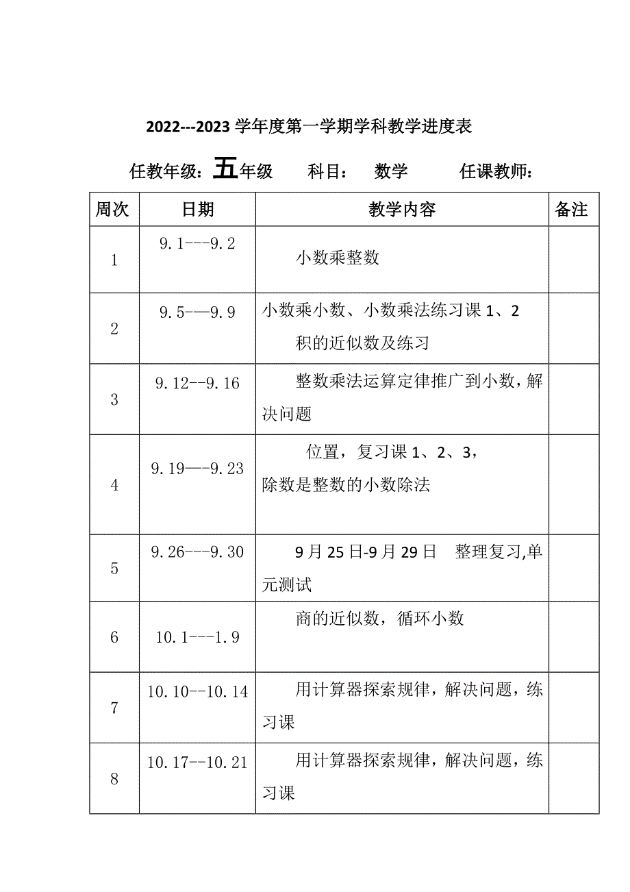 2022-2023年度秋新版部编版小学五年级数学教学计划教学进度表完整版.docx_第2页