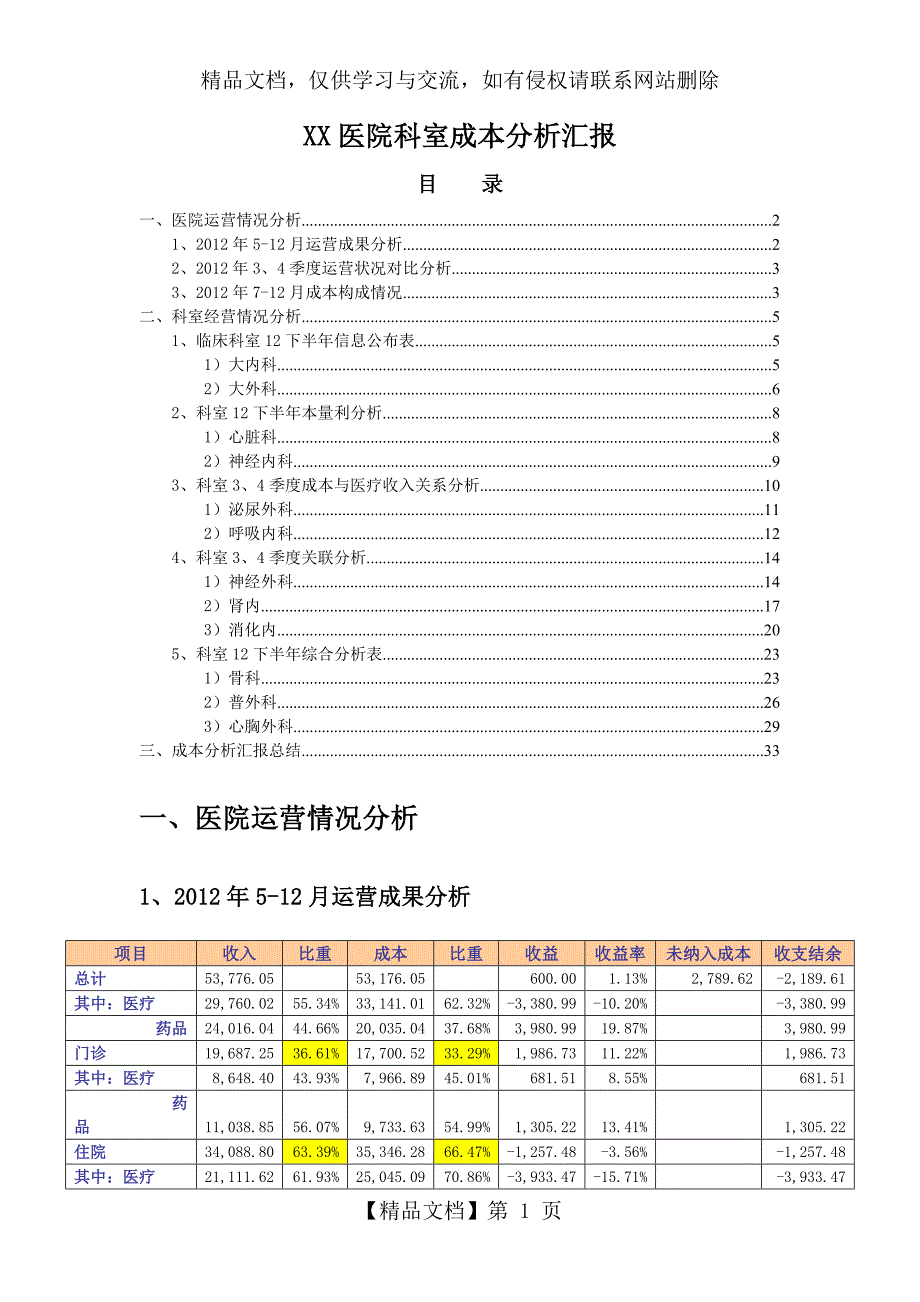 XX医院成本分析汇报模板.doc_第1页