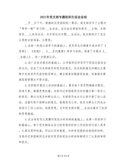2021年党支部专题组织生活会总结.doc