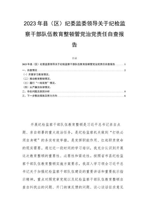 2023年县区纪委监委领导关于纪检监察干部队伍教育整顿管党治党责任自查报告.docx