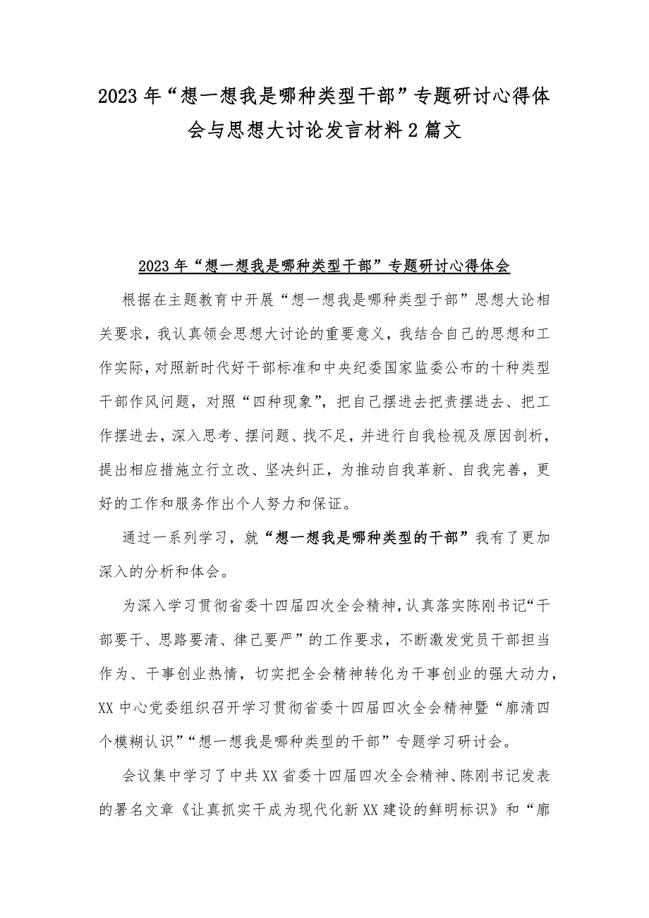 2023年想一想我是哪种类型干部专题研讨心得体会与思想大讨论发言材料2篇文.docx_第1页