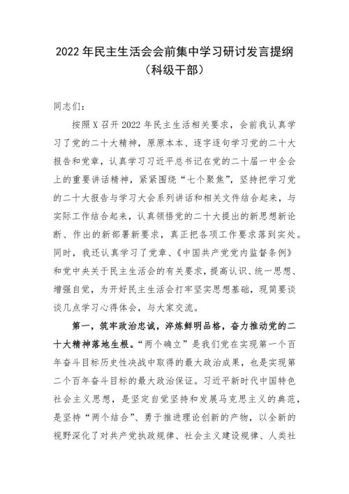 2022年民主生活会会前集中学习研讨发言提纲科级干部.docx