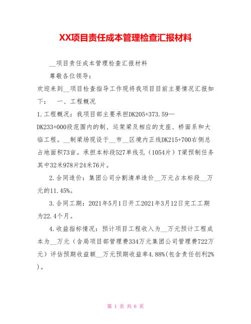 XX项目责任成本管理检查汇报材料.doc