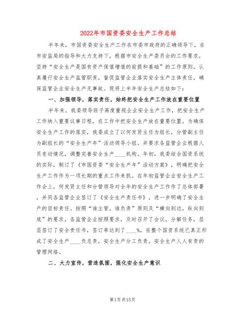 2022年市国资委安全生产工作总结.doc