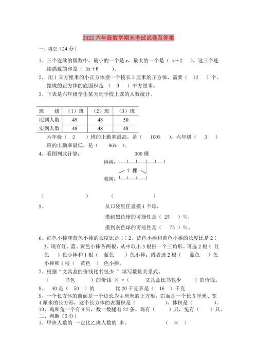 2022六年级数学期末考试试卷及答案.doc