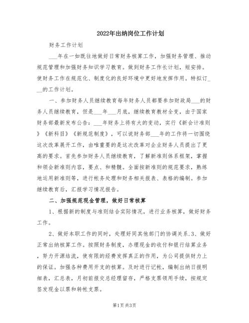 2022年出纳岗位工作计划.doc