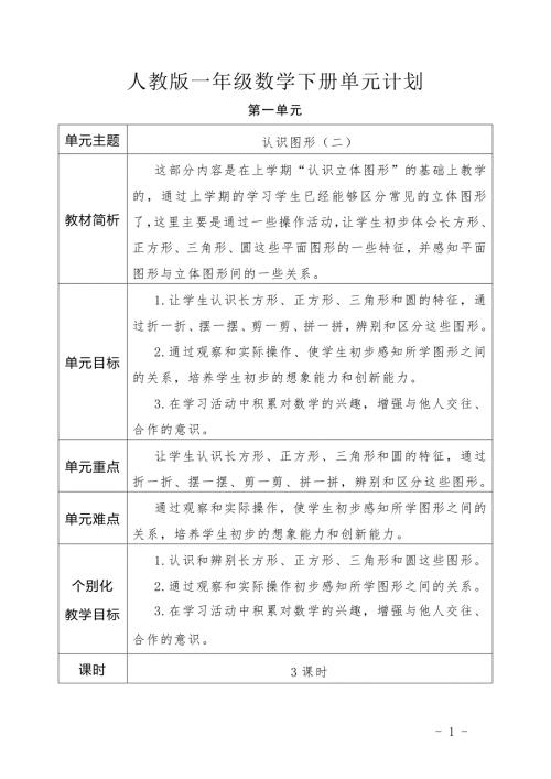 一年级下册数学单元教学计划.doc