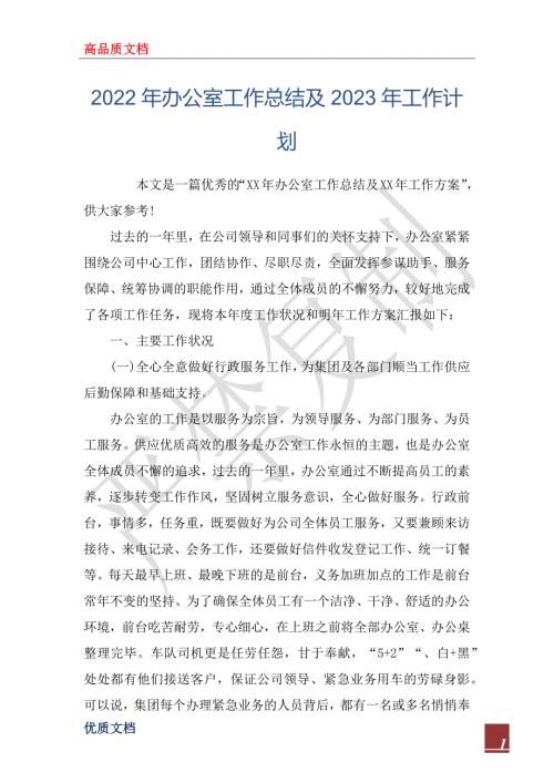 2022年办公室工作总结及2023年工作计划.docx