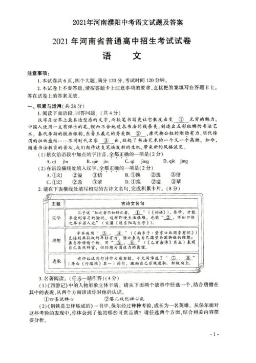 2021年河南濮阳中考语文试题及答案.doc
