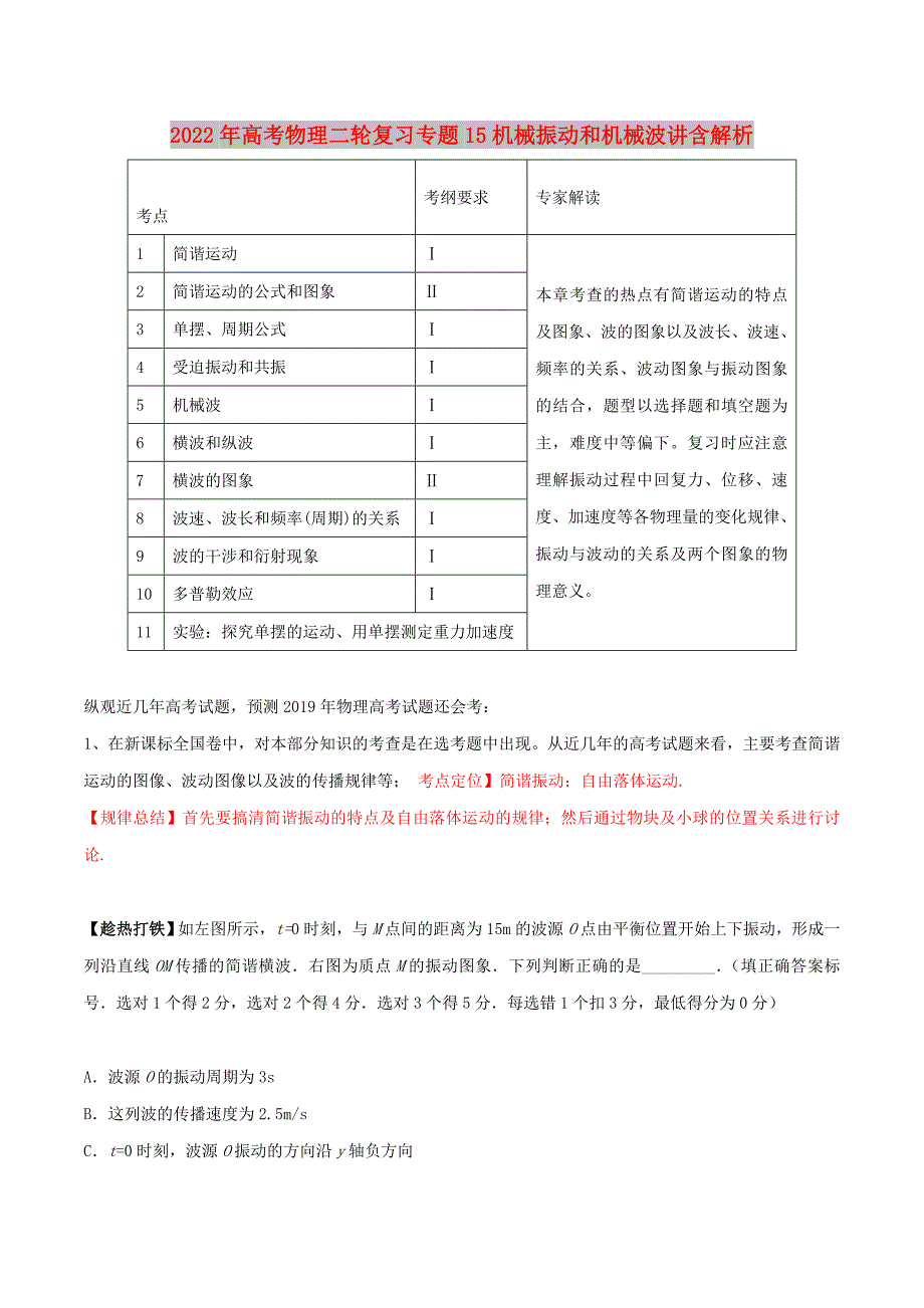 2022年高考物理二轮复习专题15机械振动和机械波讲含解析.doc_第1页