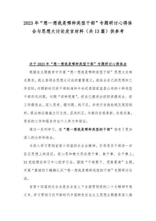 2023年想一想我是哪种类型干部专题研讨心得体会与思想大讨论发言材料共13篇供参考.docx