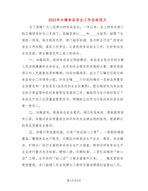2022年乡镇食品安全工作总结范文.doc