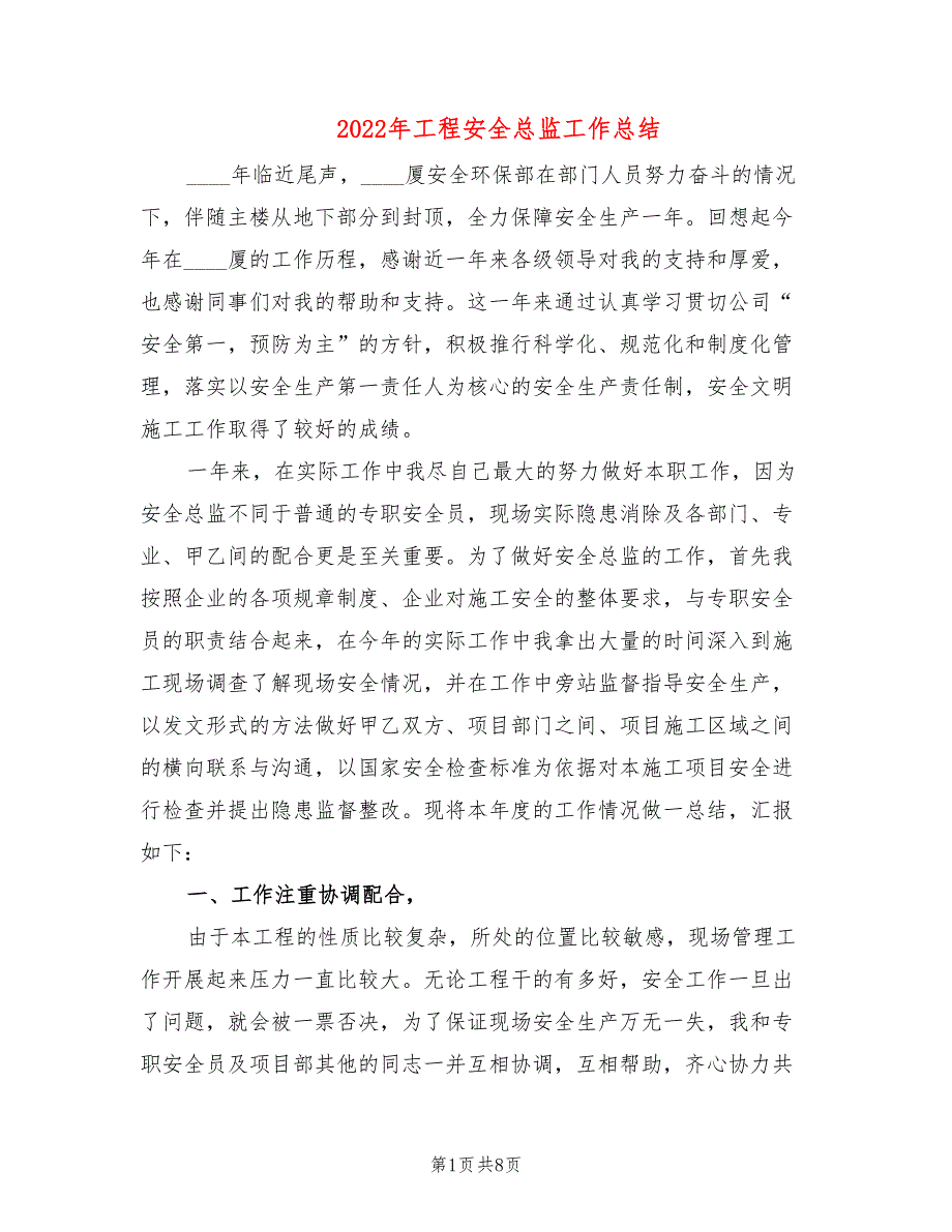 2022年工程安全总监工作总结.doc_第1页