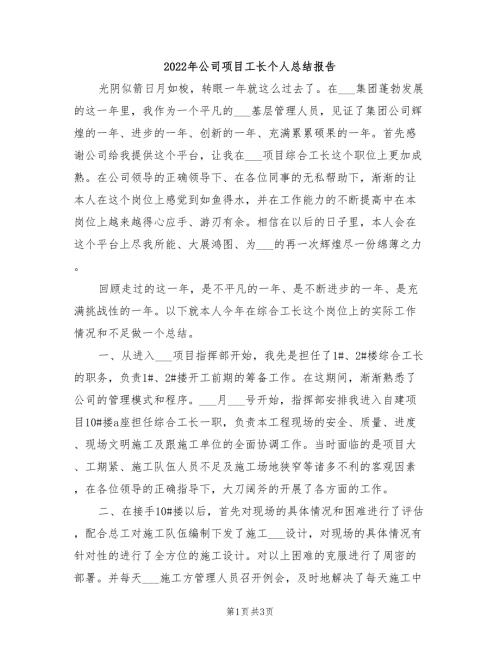 2022年公司项目工长个人总结报告.doc