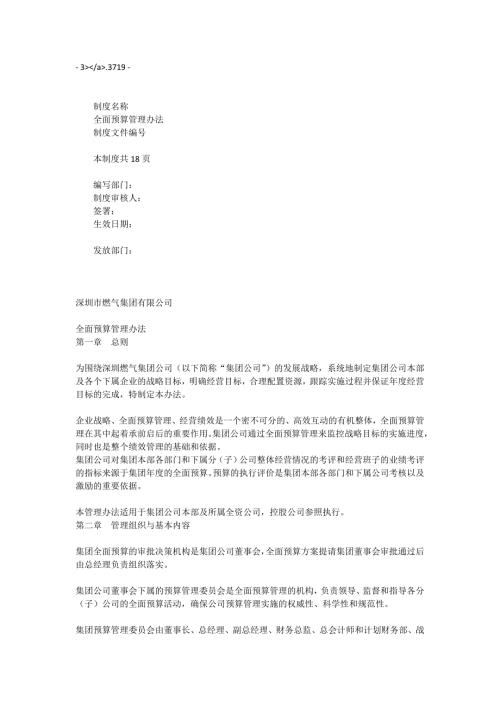 XX燃气集团有限公司全面预算管理办法全文.doc