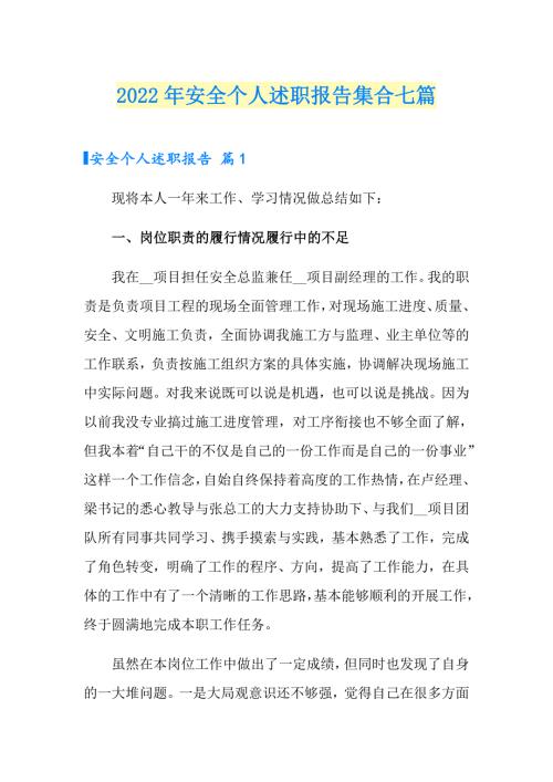 2022年安全个人述职报告集合七篇.doc