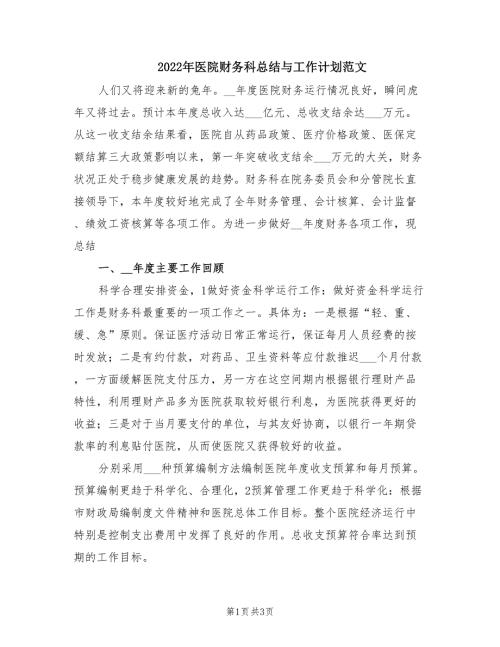 2022年医院财务科总结与工作计划范文.doc