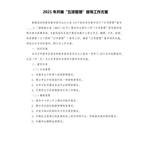 2021年开展五项管理督导工作方案模板.doc