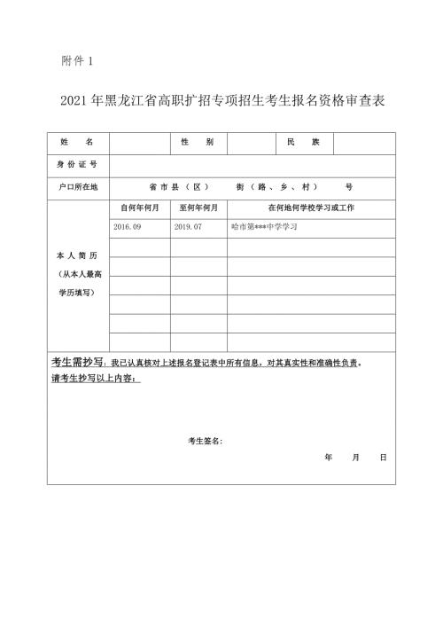 2021年黑龙江省高职扩招专项招生考生报名资格审查表.docx