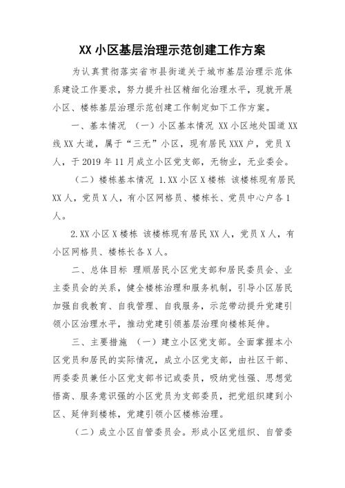 XX小区基层治理示范创建工作方案.doc