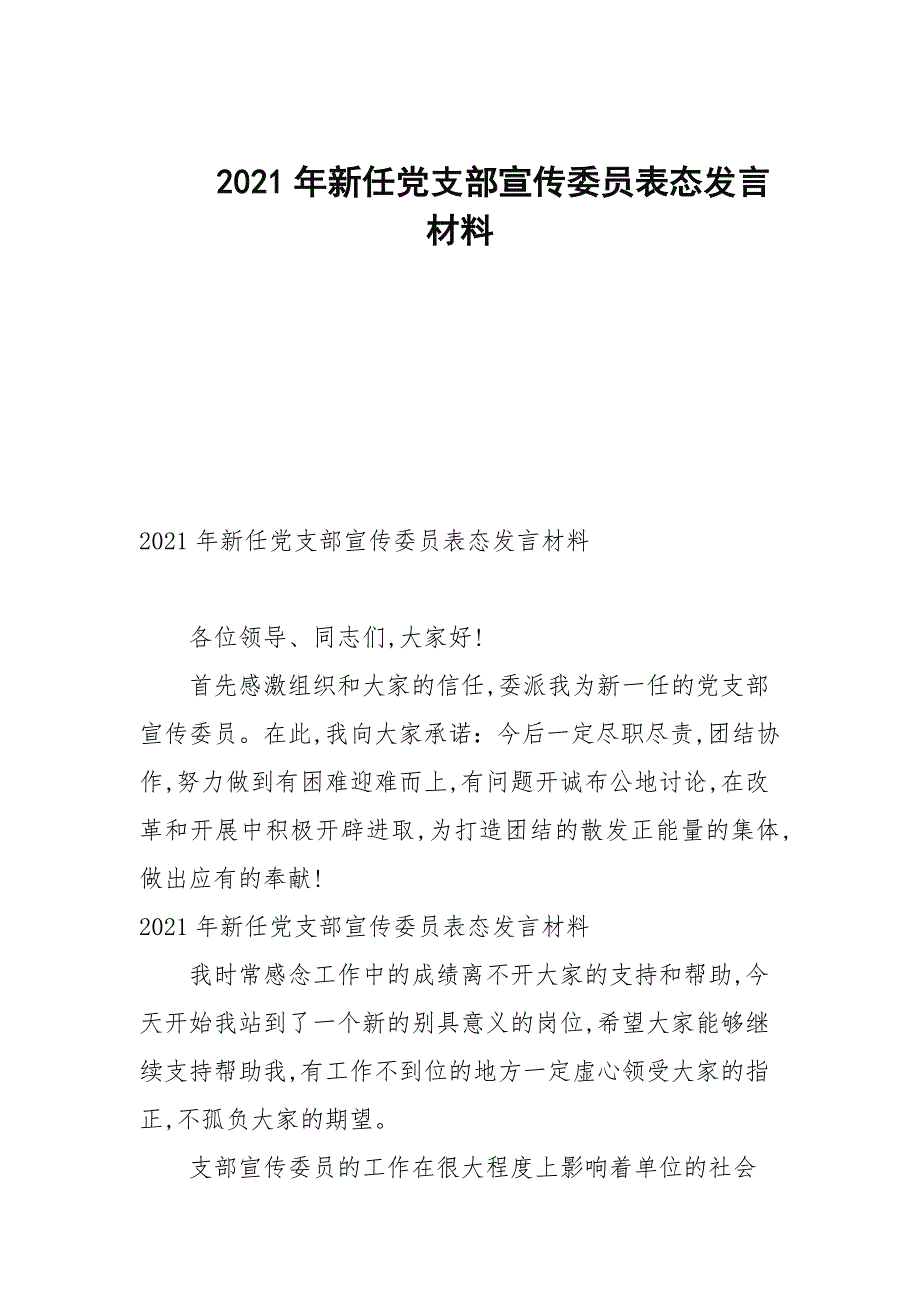 2021年新任党支部宣传委员表态发言材料.docx_第1页