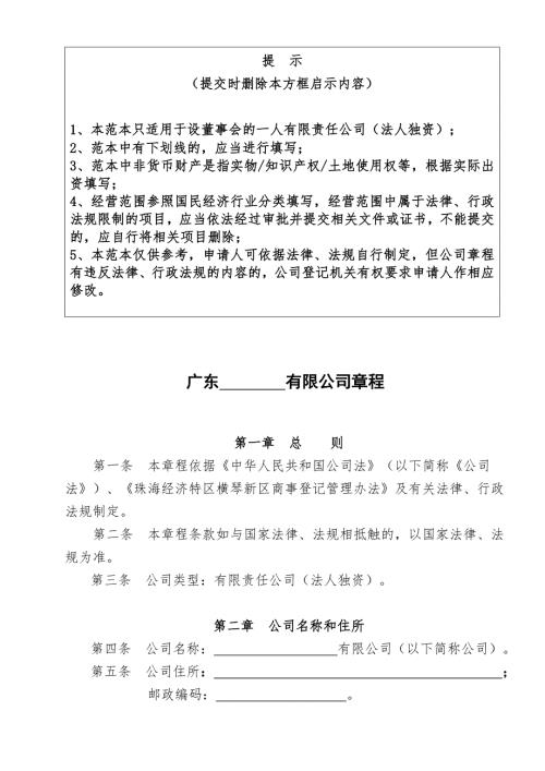 一人法人独资公司章程参考范本适用于设董事会.doc