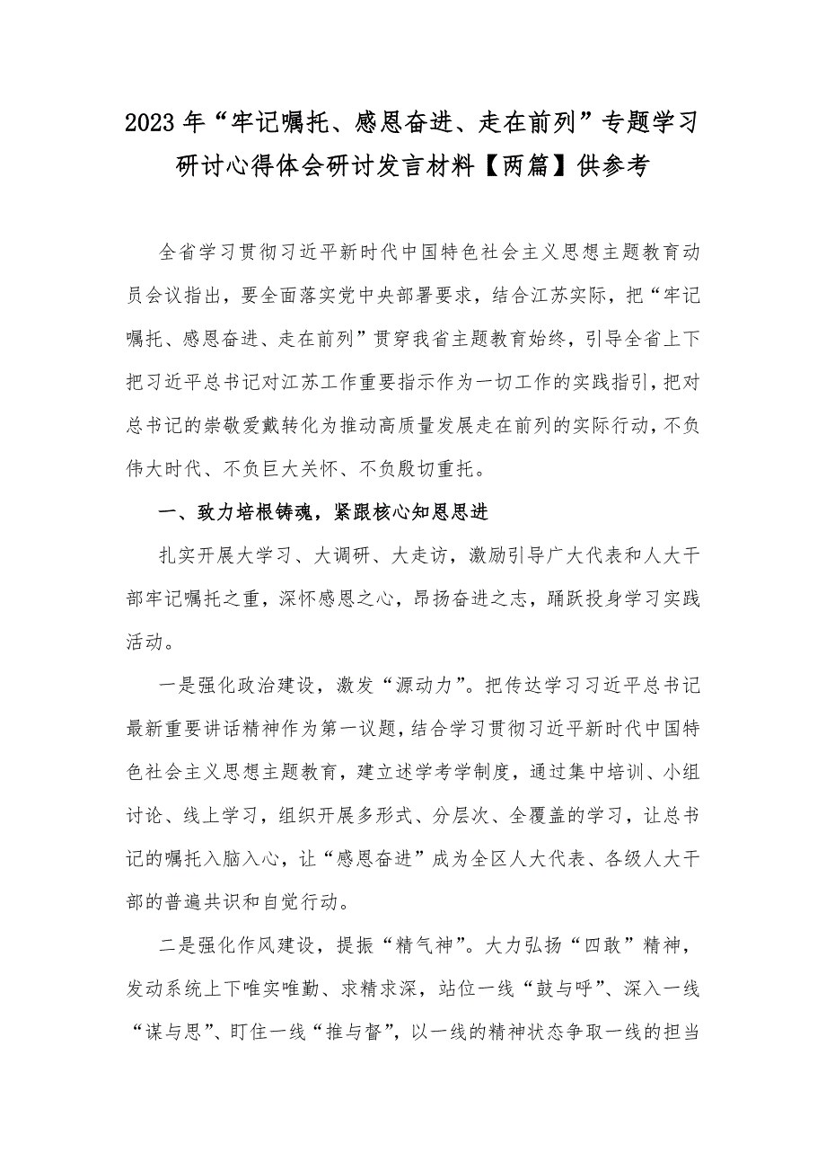 2023年牢记嘱托感恩奋进走在前列专题学习研讨心得体会研讨发言材料两篇供参考.docx_第1页