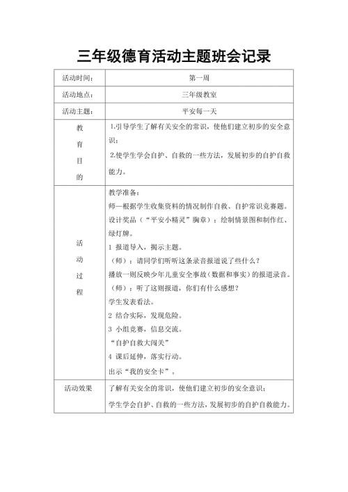 三年级德育活动主题班会记录.doc