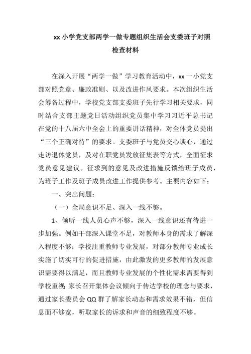 xx小学党支部两学一做专题组织生活会支委班子对照检查材料.docx