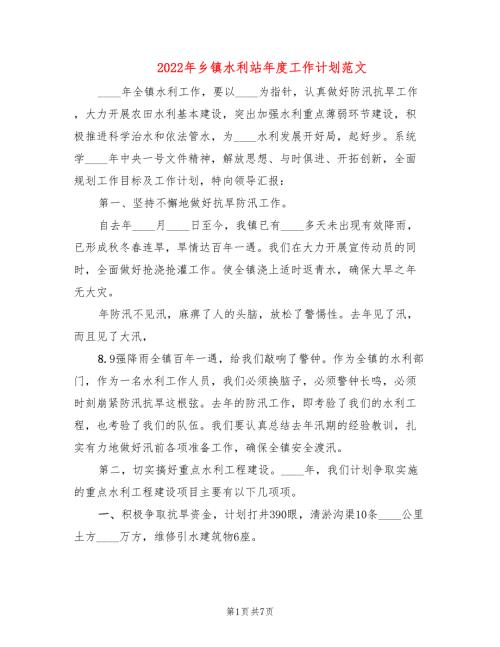 2022年乡镇水利站年度工作计划范文.doc