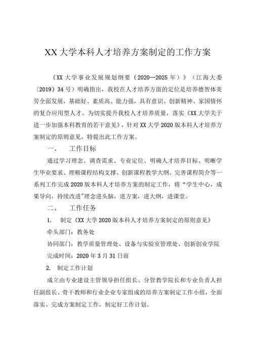 XX大学本科人才培养方案制定的工作方案.docx