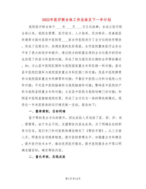 2022年医疗联合体工作总结及下一年计划.doc