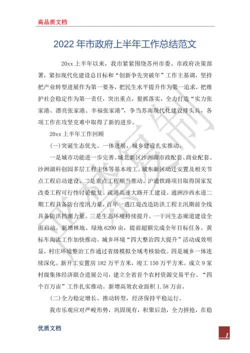 2022年市政府上半年工作总结范文.docx