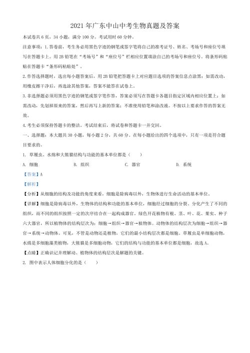 2021年广东中山中考生物真题及答案.doc