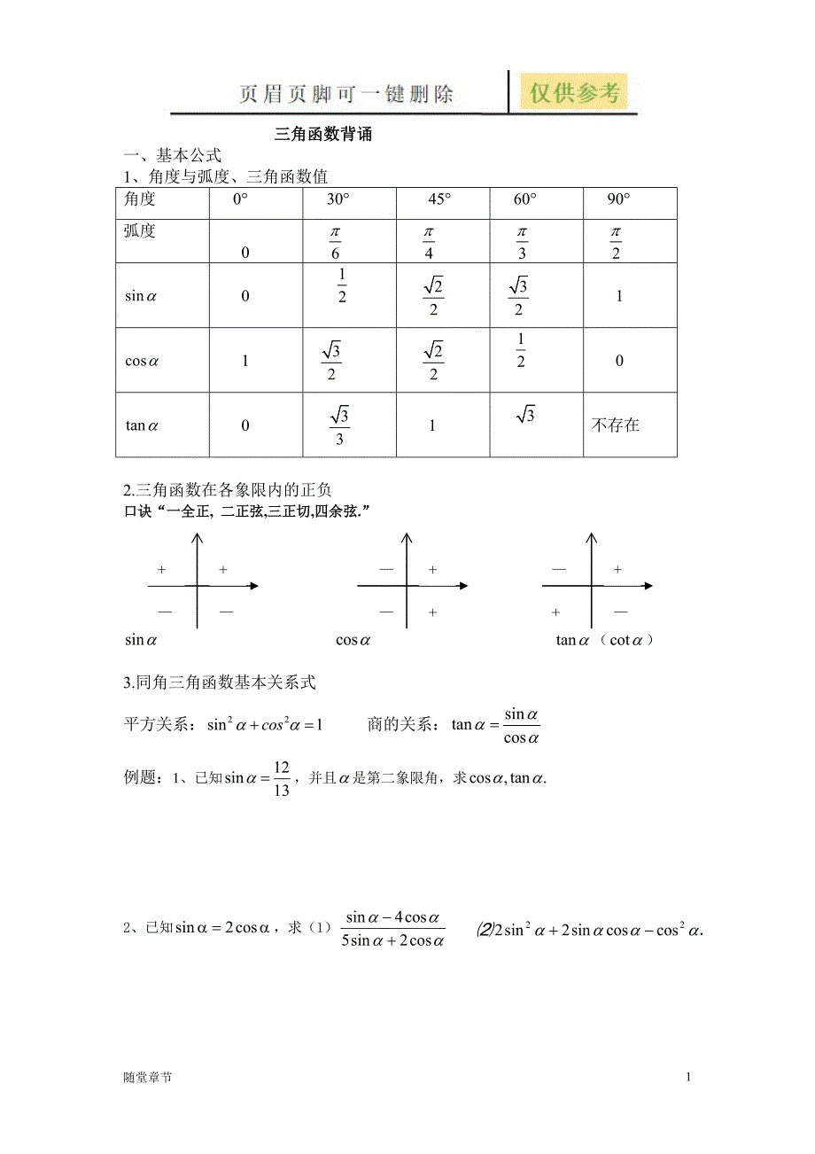 三角函数公式及常见题型章节练习.doc_第1页