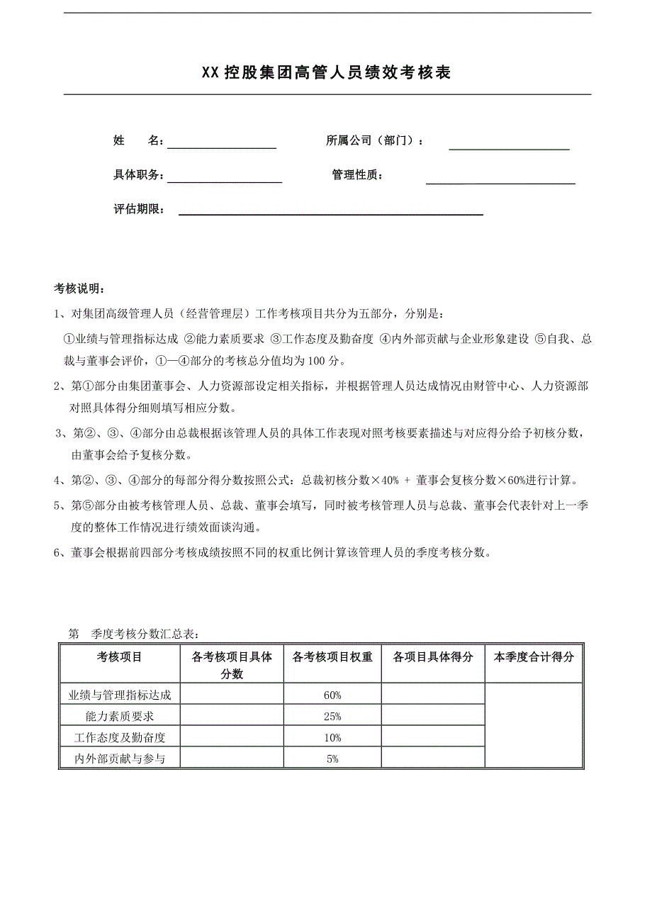 XX控股集团高管人员绩效考核表.doc_第1页