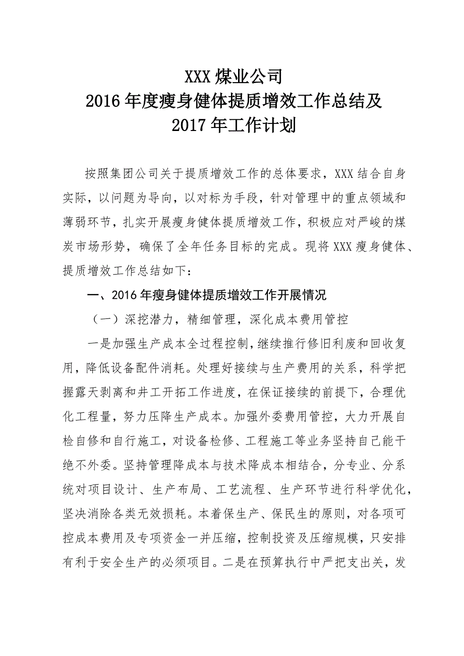 XXX公司提质增效工作总结及工作计划.doc_第1页