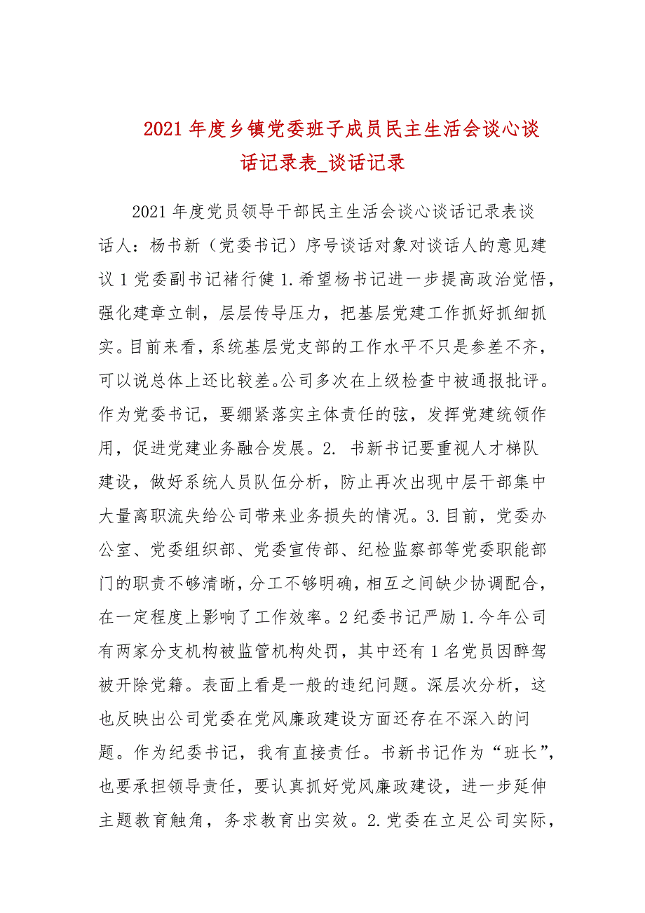 2021年度乡镇党委班子成员民主生活会谈心谈话记录表_谈话记录.docx_第1页