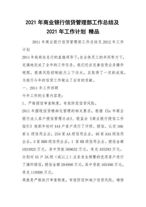 2021年商业银行信贷管理部工作总结及2021年工作计划精品.docx