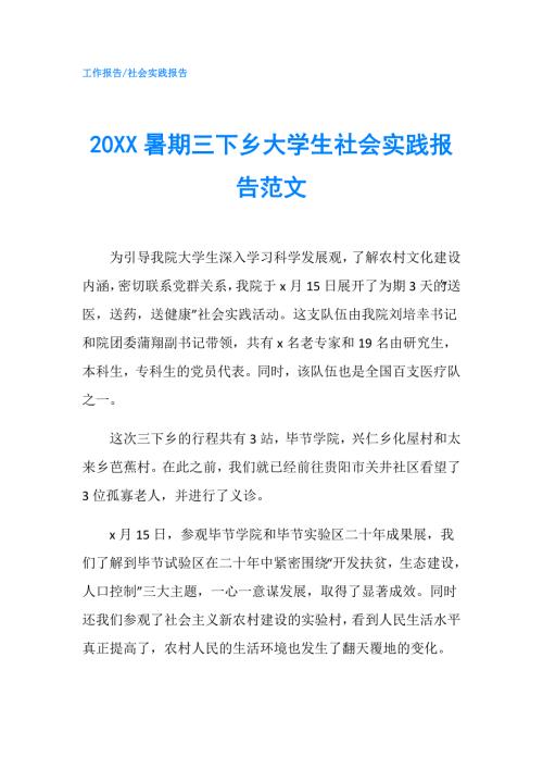 20XX暑期三下乡大学生社会实践报告范文.doc