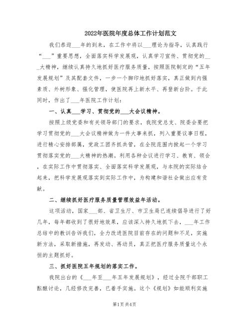 2022年医院年度总体工作计划范文.doc